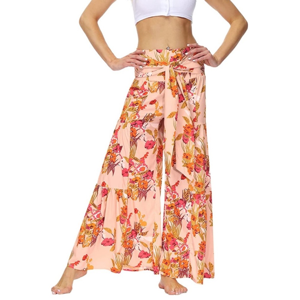 Pink floral wide leg pants